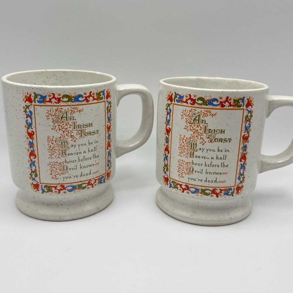Irish Toast Coffee Mug Stoneware Vintage Speckled May you be in Heaven Set of 2